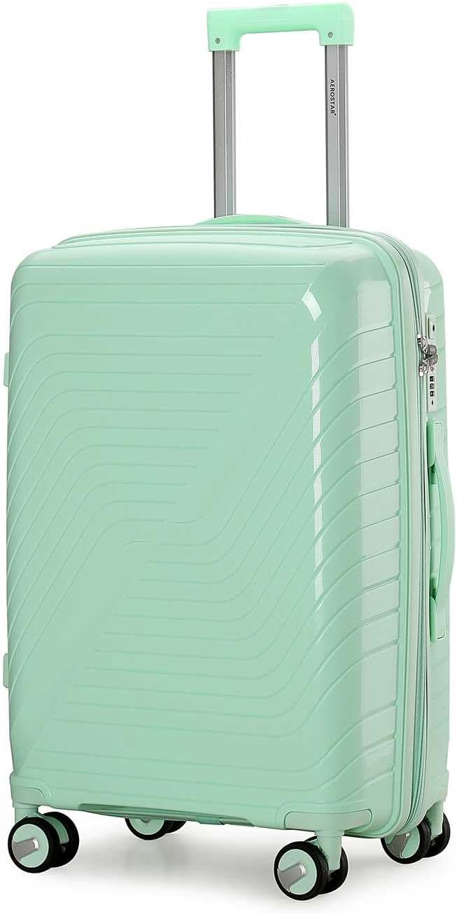 Aerostar 24” Medium Lightweight PP Hard Suitcase 4 Silent Spinner Wheels Check-in Luggage Integrated TSA Combination Lock for 15 to 20kg (Mint Green, 75 Litre)