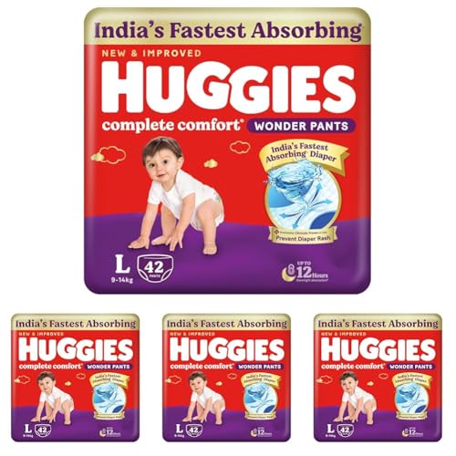 Image of Huggies Complete Comfort Wonder Pants | Pant Style Baby Diapers Large Size (L), 42 Count | India's Fastest Absorbing Diaper, Prevents Diaper Rash, Ideal for 9 to 14 Kgs (Pack of 4)