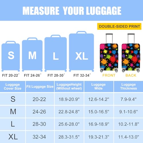 Image of Colorful Paint Splatter Luggage Cover - Artistic Suitcase Protector for 24-26 Inch Travel Bags - Vivid Abstract Drip Design with Black Background,M