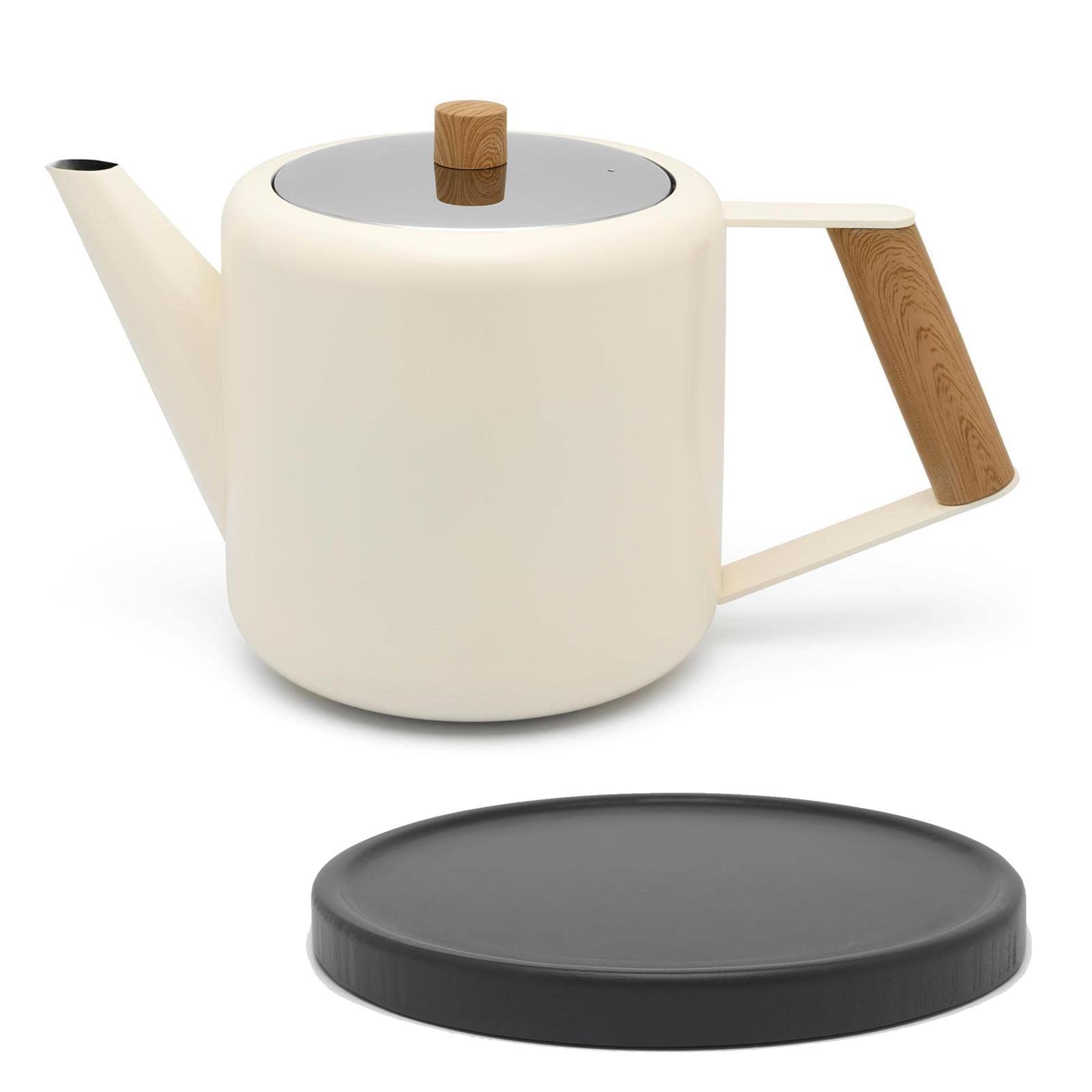Bredemeijer Teekanne Set 1.1 Liter - Edelstahl doppelwandig Creme-Weiß - Großer moderner Teebereiter ohne Filter - inkl. Holz-Untersetzer schwarz