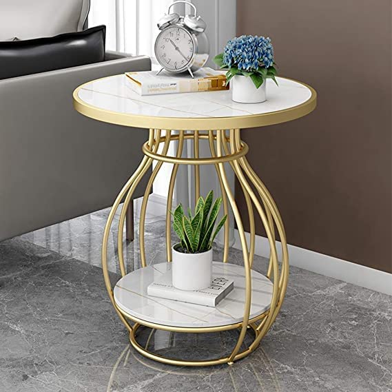 Image of Al Hama 2 Tier Coffee Table: Minimalist Nordic Style White Elegant Round Tea Table Sturdy Gold Metal Frame Corner Table Bedroom Bedside Table-White-Gold