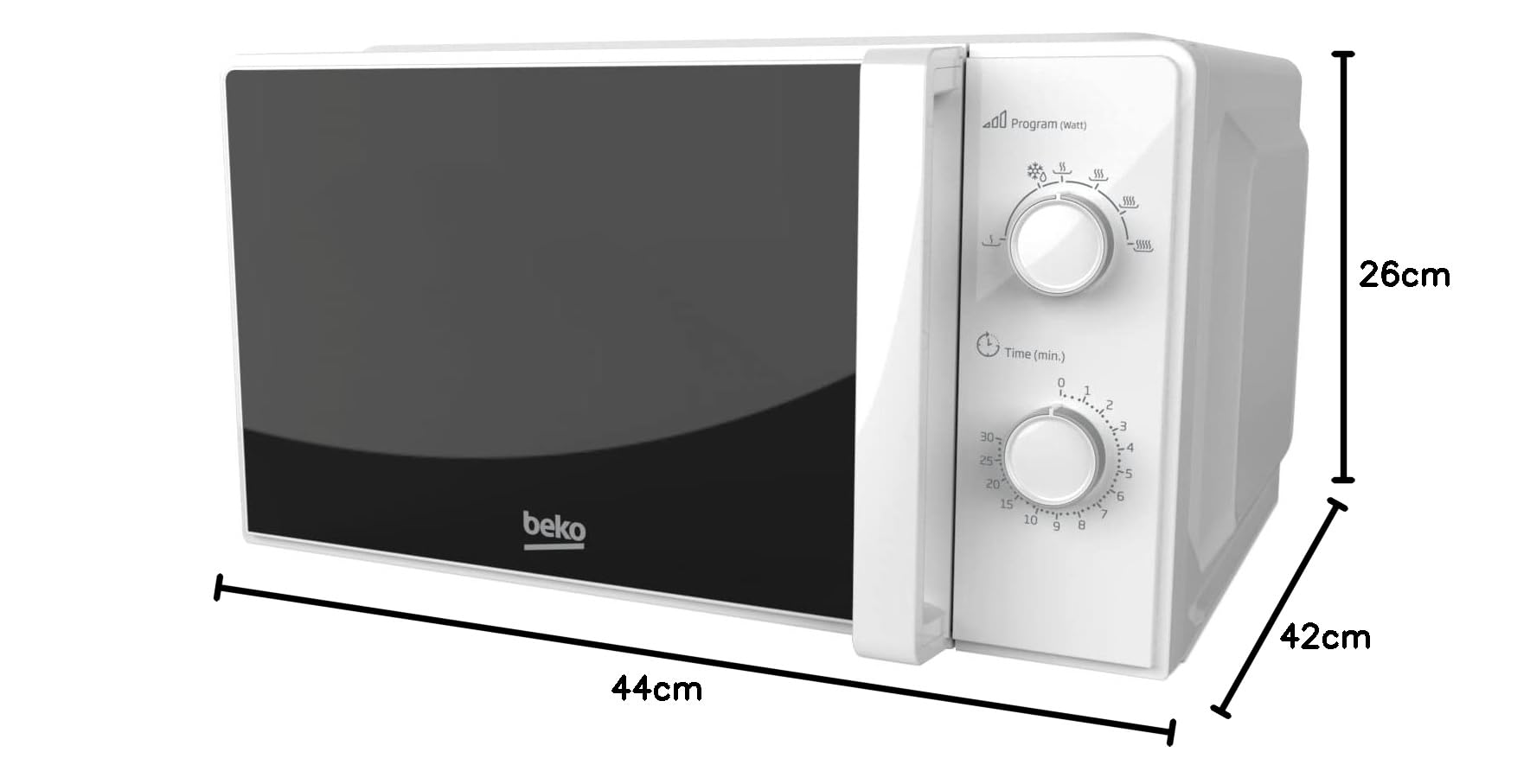 Beko MOC20100WFB Mikrowelle Solo 20 Liter, 700 W, Timer max. 30 min, 5 Stufen, Auftau- und Aufwärmfunktionen, Einstellung mit Drehknopf, Endanzeige, Drehteller mit 24,5 cm Durchmesser, Weiß