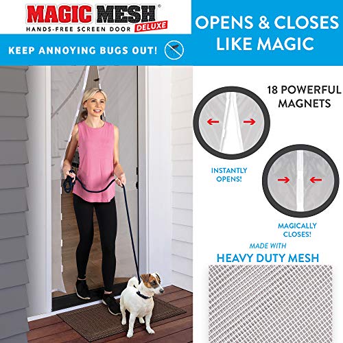 Magic Mesh Deluxe- White- Hands Free Magnetic Screen Door, Mesh Curtain Keeps Bugs Out, Frame Hook & Loop, Hands Free, Pet & Kid Friendly- Fits Doors up to 39 x 83 Inches