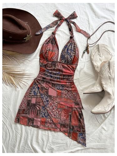 Image of SOLY HUX Women's Y2K Summer Beach Halter Mini Dress | Retro Floral Dress, V Neck, Backless, Club Nightout, Sexy Going Out Clothes, Birthday Dress