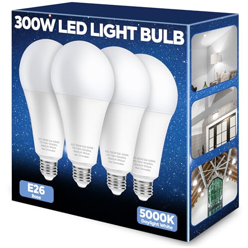 Nouscan 300W Equivalent LED Light Bulb, 4060LM Super Bright A23 LED Bulb, Daylight 5000K, 33W Energy Saving, E26 Medium Base, 120V for Garage, Warehouse, Shop, Supermarket, Non-Dimmable, 4 Pack