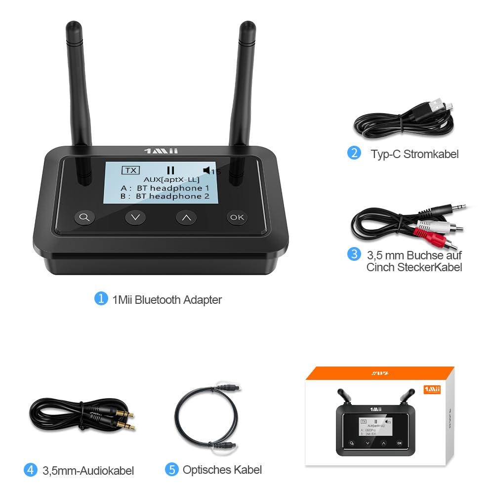 1Mii B03+ Bluetooth 5.3 Transmitter Empfänger für TV und Stereoanlage, Audio Adapter mit Display, Große Reichweite, aptX Low Latency HD Adaptive, Optisch Cinch 3,5 mm AUX