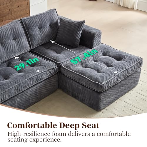 Image of ROXGOX Modular Sectional Sofa, Modern Boneless Couch with L-Shape Chaise, Home Sectional Comfy Sofa Set for Living Room Bedroom and Floor, Plush Corduroy, No Assembly Required (Gray)