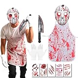 Disfraz de Carnicero de Halloween, Asesino en Serie Disfraces, Disfraces Halloween, Máscara de Asesino Sangriento, Delantal Sangriento, Cuchillo Sangriento, Pegatinas Cicatriciales, Guantes de algodón