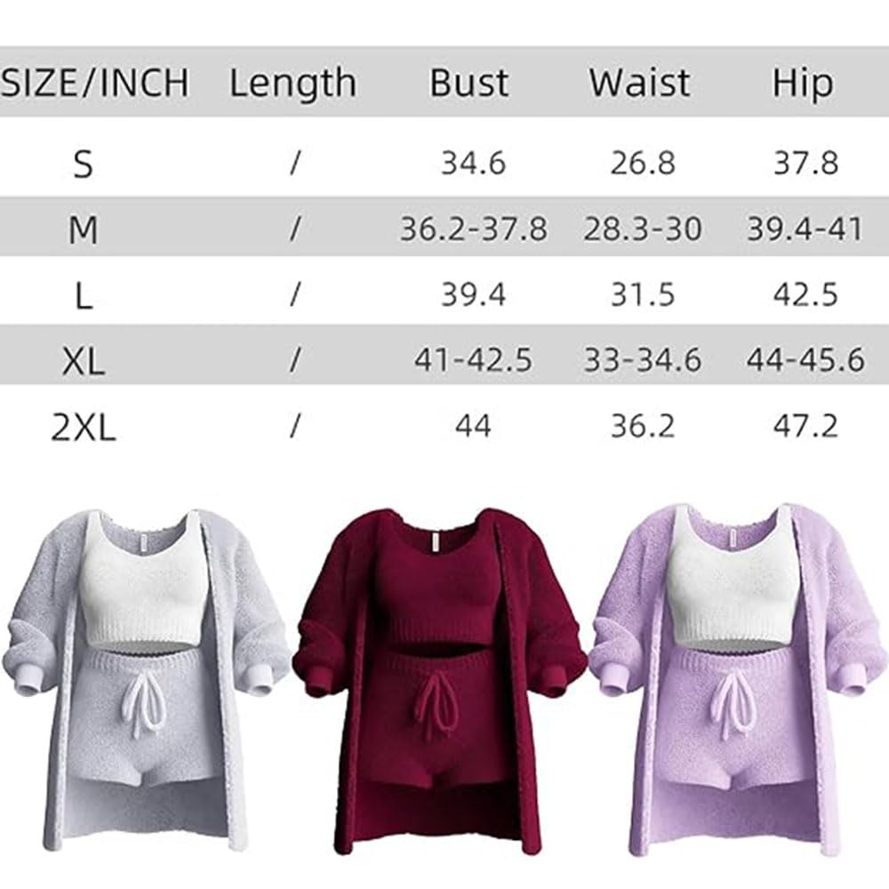 Conjunto de Punto de 3 Piezas,Pijama Sexy de Forro Polar difuso y cálido para Mujer,Conjunto de Ropa de Dormir de 3 Piezas,Tops Cortos sin Mangas