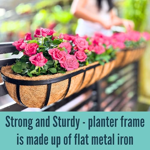 Image of LaLaGreen Planter Boxes Outdoor (48 Inch, 4 Pack) Long Rectangular Deck Railings Flower Box with Coco Liner, Black Metal Balcony Bracket Hanging Planters for Plants Over Rails Fence Patio Porch Decor