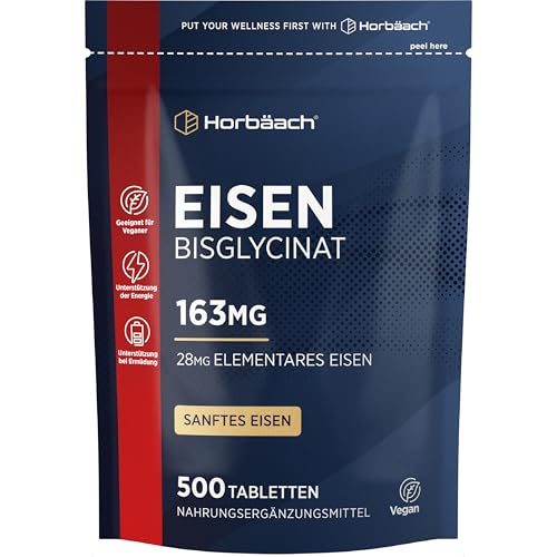 Eisentabletten 163mg | Eisenbisglycinat | Eisen Hochdosiert für Immunsystem, Energiestoffwechsel & Blutbildung (EFSA) | 500 Vegane Tabletten | Iron Supplement | von Horbaach