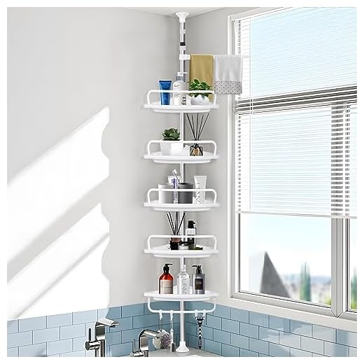 MOYKSRR Blanco Estanteria Baño, Repisa de Ducha Regulable en Altura 100-310 cm, sin Taladro con Barra Telescópica, Telescópica Estanteria Ducha con 5 Cestas y 1 Toallero y 4 Ganchos