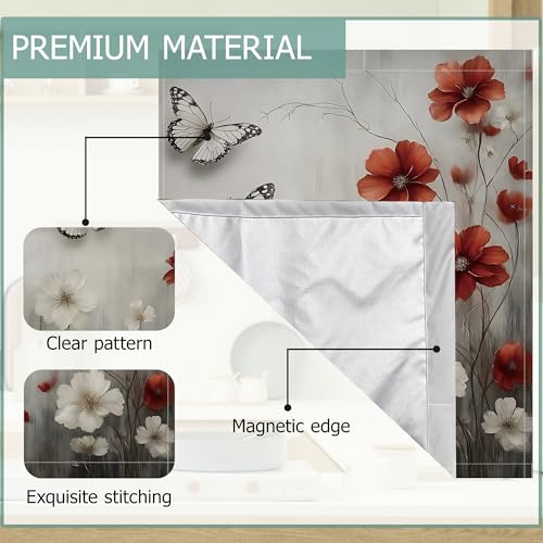 Image of Vintage Red Flowers Refrigerator Magnet Cover,White Butterflies Washable Dishwasher Magnets Decorative Cover,Home Kitchen Decorative Dishwasher Front Panel Cover 23x26 Inch