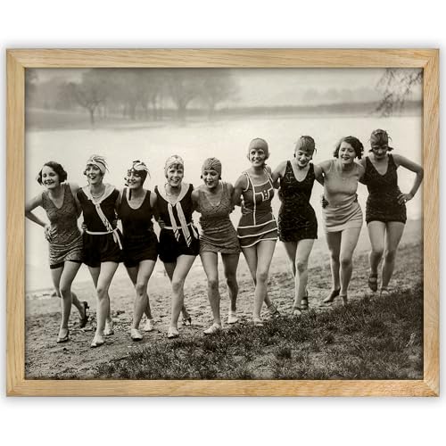 Swimsuit Beauties 11x14 Framed Poster - Vintage 1920s Swimwear, Flapper Era Beach Fashion Photo, Retro Seaside Antique Black & White Print, Classic Summer Women’s Fashion - Coastal Beach House & Dorm