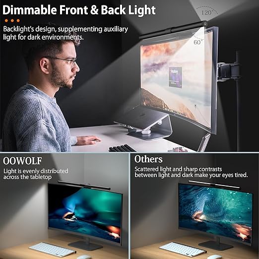 Image of OOWOLF 7.5W 20.1 inch Computer Monitor Light Bar with Remote Control Backlight, Eye-Care CRI≥98 Stepless Dimming Brightness and Color Temperature, No Screen Glare Computer Monitor Lamp for Office Gaming
