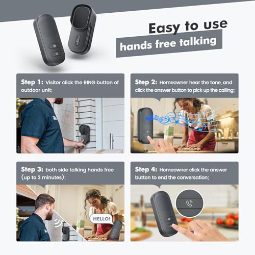 Wuloo Hands Free Wireless Intercom Doorbell for Home Classroom, Two Way Intercomunicador Door bell Chime with 1/2 Mile Distance 4 Volume Levels 10 Chimes Battery Operated with Mute Mode, (1&2, Gray)