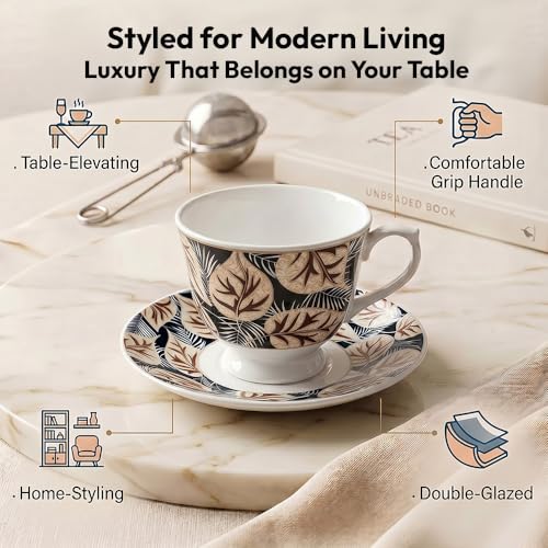 Image of UPC Premium Bone China Cup & Saucer Set (6 Pieces) | Elegant Solid Color Tea Coffee Cups | Lightweight, Durable & Glossy Finish | Ideal for Home, Office & Gifting
