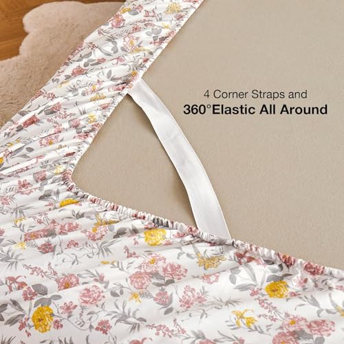 Image of Viviland Floral Queen Sheet Set - 4 Piece Vintage Pink & Yellow Flower Patterned Bed Sheets - Soft, Breathable Microfiber Sheets with Deep Pocket, Non-Slip Fitted Sheets & Pillowcases