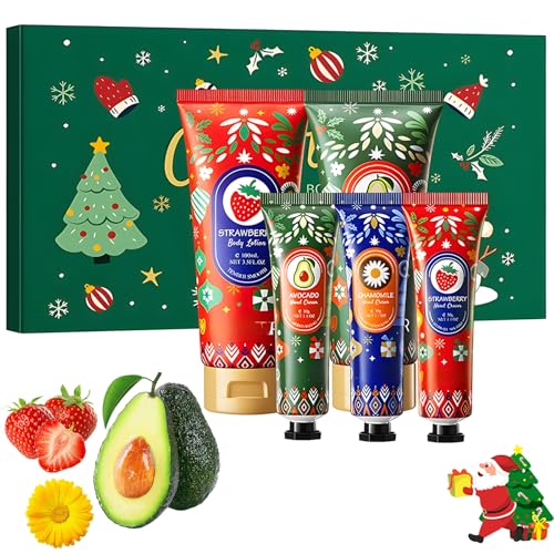 Weihnachtliches Handcreme & Körperlotion Geschenkset – 2×100ml Körperlotionen und 3×30ml Handpflegecremes Feuchtigkeitspflege für trockene Hände, Weihnachtsgeschenkset für Frauen/Damen/Mama/Männer