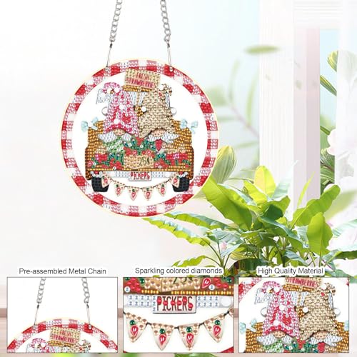 Image of DIY 5D Diamond Painting Hanging Pendant Kit Special Shaped Diamond Dots Art Acrylic Ornaments, Pink Gnome Diamond Art Pendant for Adult Home Wall Window Decor Gift