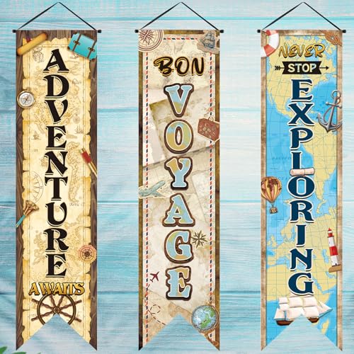 Image of Chiisong 3 Pieces Travel Themed Party Decorations Adventure Awaits Banners Vintage Bon Voyage Porch Signs for Indoor Outdoor Graduation Retirement Hanging Backdrops Going Away Farewell Party Decor