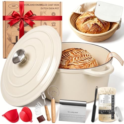 Image of Enameled Cast Iron Dutch Oven Pot with Lid 5.5QT, Sourdough Bread Baking Supplies with Banneton Bread Proofing Basket Set & Starter Jar, Unique Dutch Oven for Bread Baking (Cream White)