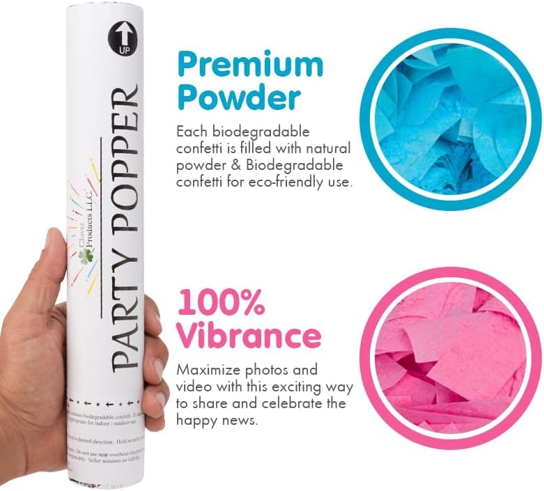 Clover Products Premium Gender Reveal Powder Cannon - 4-pak zawiera 2 niebieskie i 2 różowe | 30-centymetrowe zatrzaski ujawniające płeć | Zasilane sprężonym powietrzem | Każde pudełko zawiera DARMOWY