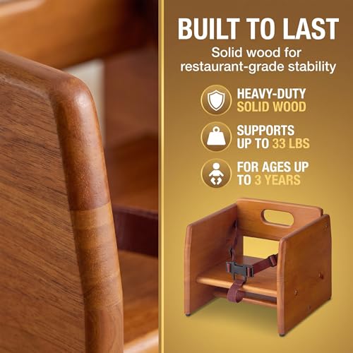 Image of Walnut Wooden Dining Seat Riser for Restaurant Chairs - Stackable Rubberwood Seat Platform with Chair Strap & Non-Slip Pads, Commercial Restaurant Seating Accessory