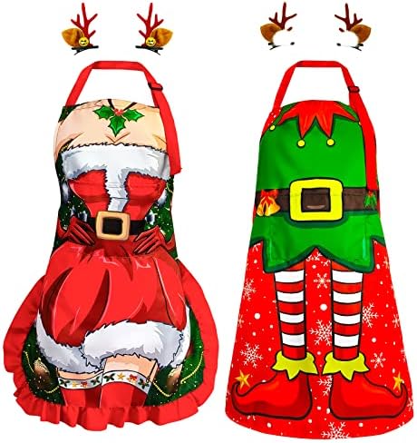 Christmas Aprons for Women Men with Pocket Ruffles, Sexy Funny Xmas Holiday Red Apron with Elf Santa for Couples, 2 Pieces Adjustable Waterproof Kitchen Bib Aprons for Chef Cooking Grilling Baking