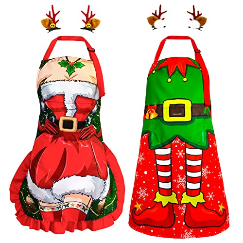 Christmas Aprons For Women Men With Pocket Ruffles, Sexy Funny Xmas Holiday Red Apron With Elf Santa For Couples, 2 Pieces Adjustable Waterproof Kitchen Bib Aprons For Chef Cooking Grilling Baking #TOP3