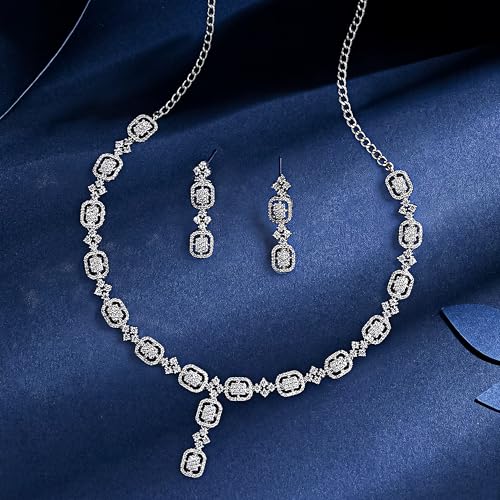 Image of Asmitta Jewellery Rhodium Plated Silver Toned Contemporary Choker Jewellery Set For Women Girls | Combo Of White And Baby Pink Cubic Zirconia & American Diamond Studded Necklace And Earring |Jewelry Suitable For Wedding Party (Contemporary)