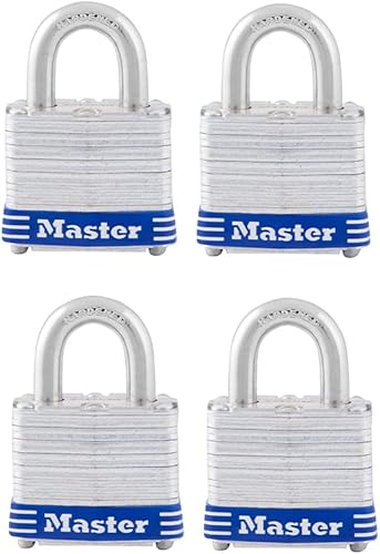 Master Lock 3008D - Candado para exteriores con llave, paquete de 4 unidades, color plateado de 1-12 pulgadas