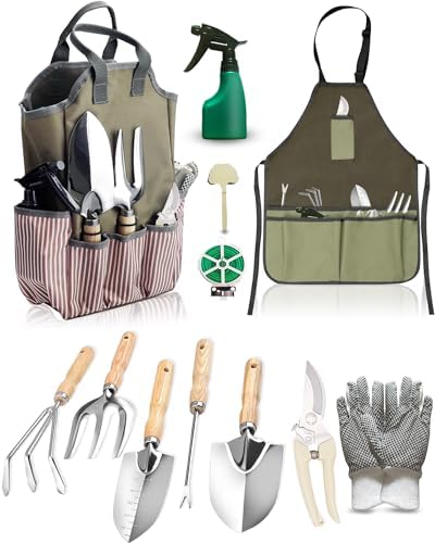 Garden Tool Set, Beswill 12 Pieces Heavy Duty Gardening Hand Tools with Garden Tools Organizer Handbag, Apron, Rust-Proof Stainless Steel Gardening Kit, Wood Handle, Ideal Garden Gifts for Women Men