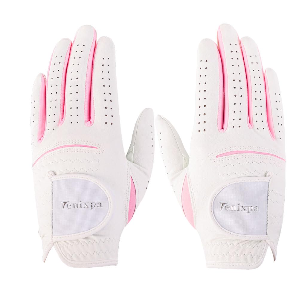 Tenixpa Women’s Ladies Golf Gloves Left and Right Hand Fabric Sport Gloves 2-Pack,Fit Woman Girl,Small Medium Large XL Comfortable Breathable Fitting A Pair (White and Pink, Medium(Size#20 a Pair))