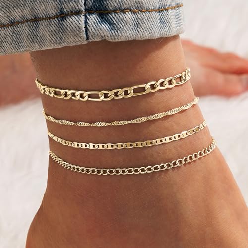 Image of Fesciory 14K Gold Plated Ankle Bracelets Sets For Women, Adjustable Layered Infinite Anklet, Summer Beach Butterfly Star Foot Chain Jewelry Gifts