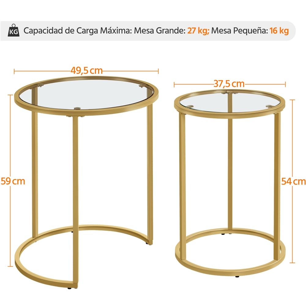 Yaheetech Juego de Mesas de Centro Redonda Mesita Auxiliar de Cristal Mesas Nido Salon con Marco de Acero Mesa de Café Apilables para Salón 49,5x49,5x59 cm
