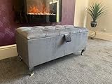 SK LUXURY LIVING Ottoman Storage Box - Engineered Wood Fabric Buttons Luxurious Plush Velvet Ottoman Storage Bench, Perfectly Designed Ottoman for Bedroom Storage (Grey Plush, Legs)