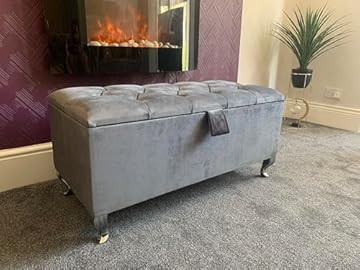 SK LUXURY LIVING Ottoman Storage Box - Engineered Wood Fabric Buttons Luxurious Plush Velvet Ottoman Storage Bench, Perfectly Designed Ottoman for Bedroom Storage (Grey Plush, Legs)