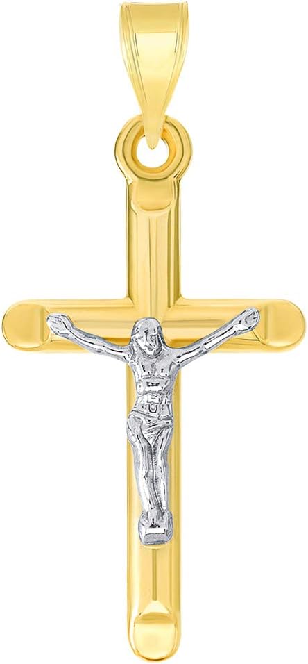 14k Yellow Gold Two-Tone Religious Classic Tube Crucifix Pendant Necklace