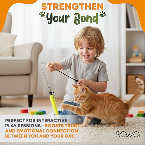 SAWA Interactive Cat Wand Toys – Retractable Wand with Bell and Feather Refills, Fun Teaser Toys for Indoor Cats to Chase, Play, and Exercise (2 Wands and 9 Refill)