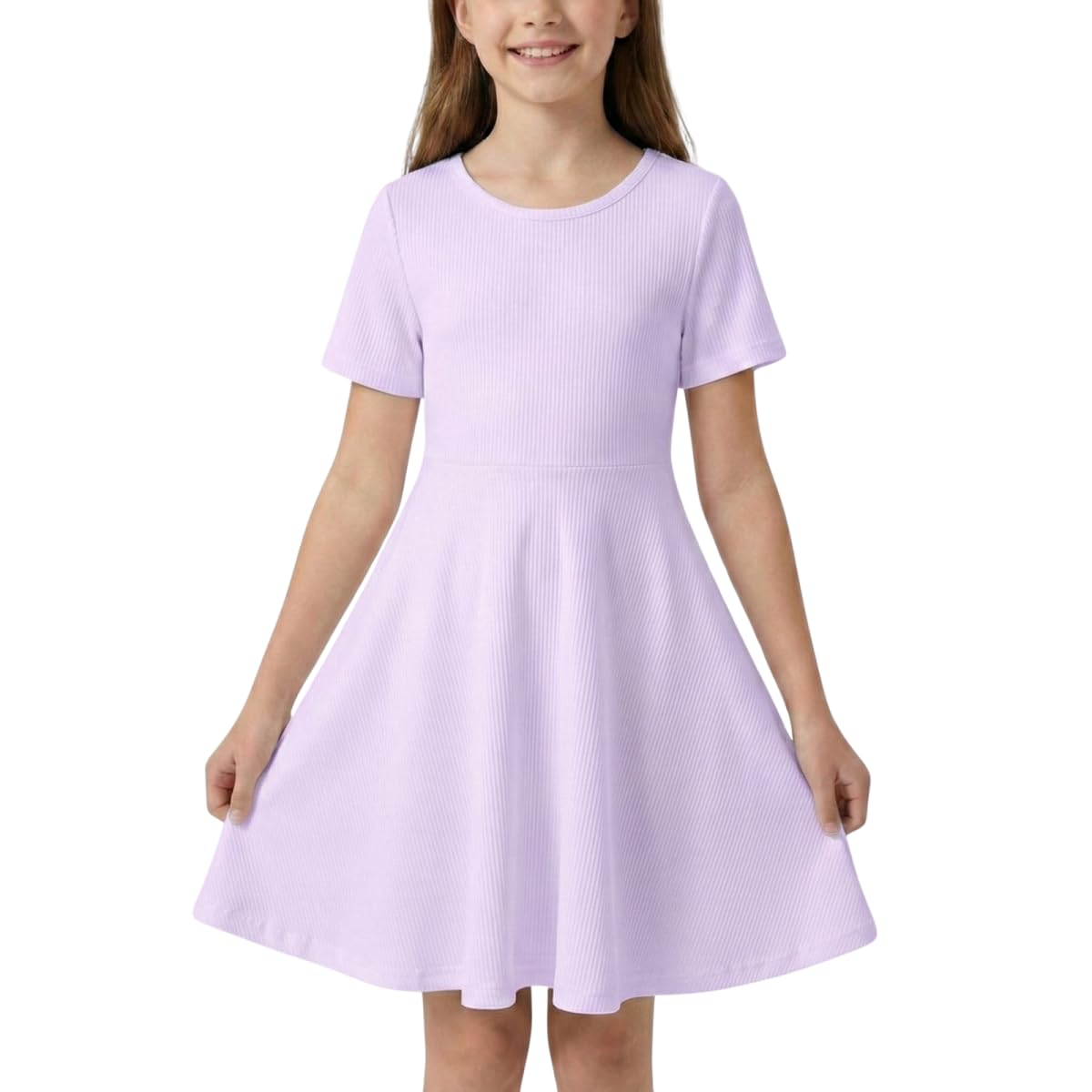 WELAKEN Girls Short Sleeve Skater Dress Twirl Dress for Daily or Special Occasions (5-12 Years)