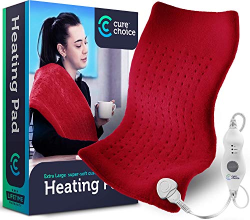 Cure Choice Large Electric Heating Pad for Back Pain Relief + Storage Pouch, Ultra Soft 12"x24" Heating pad for Muscle Cramps - Heated Pad with Adjustable Temperature Settings (Maroon)