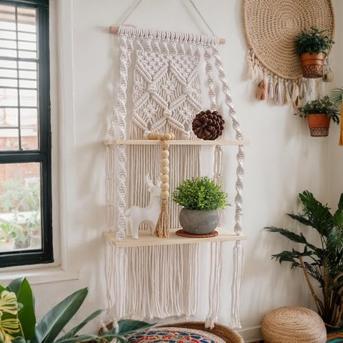Étagère suspendue macramé bois boho tapisserie murale pour rangement plante et livre