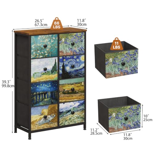 Image of EXOTICA Tall Dresser with 8 Drawer for Bedroom Narrow Van Gogh Chest of Drawers for Hallway Closet Living Room Steel Frame Rustic Brown Wood Grain Wood Top