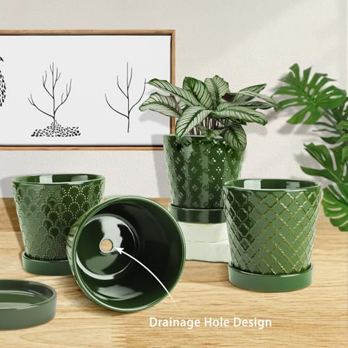Image of EFISPSS Ceramic Plant Pots, 5 Inch Planters with Drainage Holes and Ceramic Tray, Relief Design Flower Planter, Desktop Office Windowsill Decoration Gift Set of 4 - Blackish Green