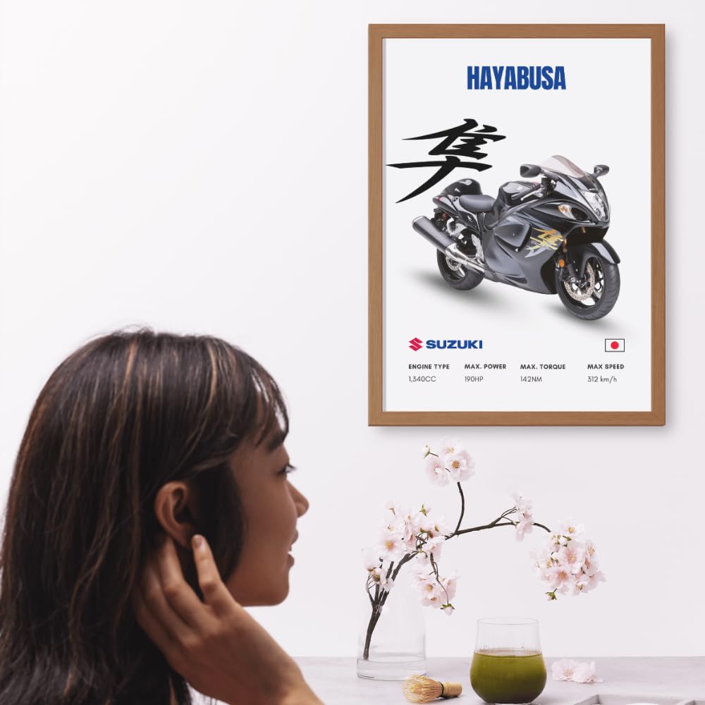 RXSeven Suzuki Hayabusa Motorcycle Poster Inspired Design with Black Frame, A4 Size Matte Laminated Wall Art for Room, Office & Garage Decor