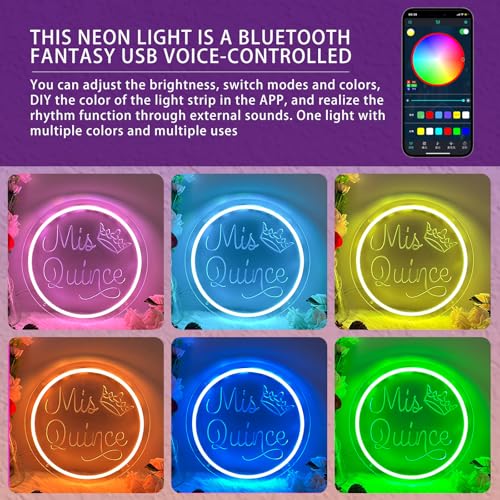 Image of Mis Quince Fifteen Colorful Neon Sign for Wall Decor 3D Art Carving Design Custom RGB Dimmable Color Changing LED Neon for Happy Birthday Party Home Room Rainbow Logo Personalized Sign 30x30 CM