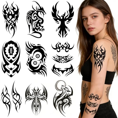 9 Feuilles Tatouages demi-bras Tribaux Totem Tribaux Tatouages Temporaires Tribal Faux Tatouage Tatouage Réalistes Imperméables À L'eau De Totem...