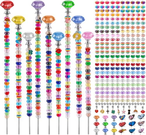 Consevisen 304 Pcs Fairy Wand Garden Stake Beads Kits DIY Beaded Garden Stakes 9 Set with 3 Sizes Rods 250 Colorful Large Hole Beads 9 Crystal Stopper Butterfly Decor for Outdoor Indoor Decor