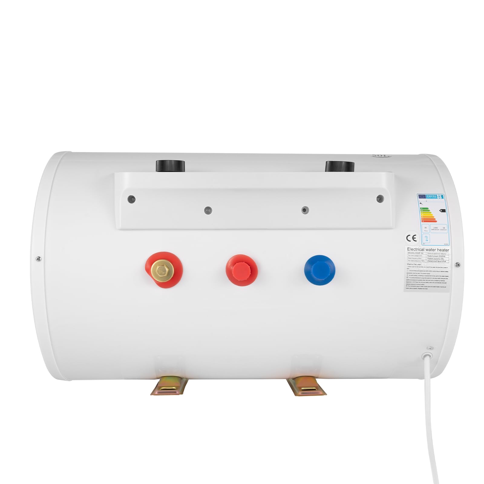 Chauffe-eau électrique horizontal, plat 50 litres, fonctionnement numérique, sous évier, cuisine, salle de bain, buanderie, salon, automatique, blanc, 2000W